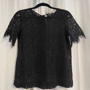LOFT Black Lace Short Sleeve Blouse with Eyelash Trim Women’s Small Petite